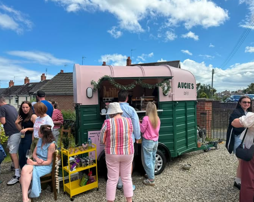 Customers gathered at the Augie's van